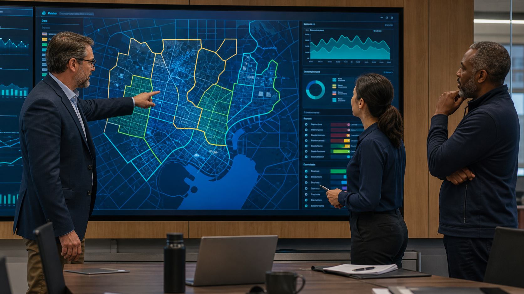A leadership and GIS team reviewing trends across routes on a map.