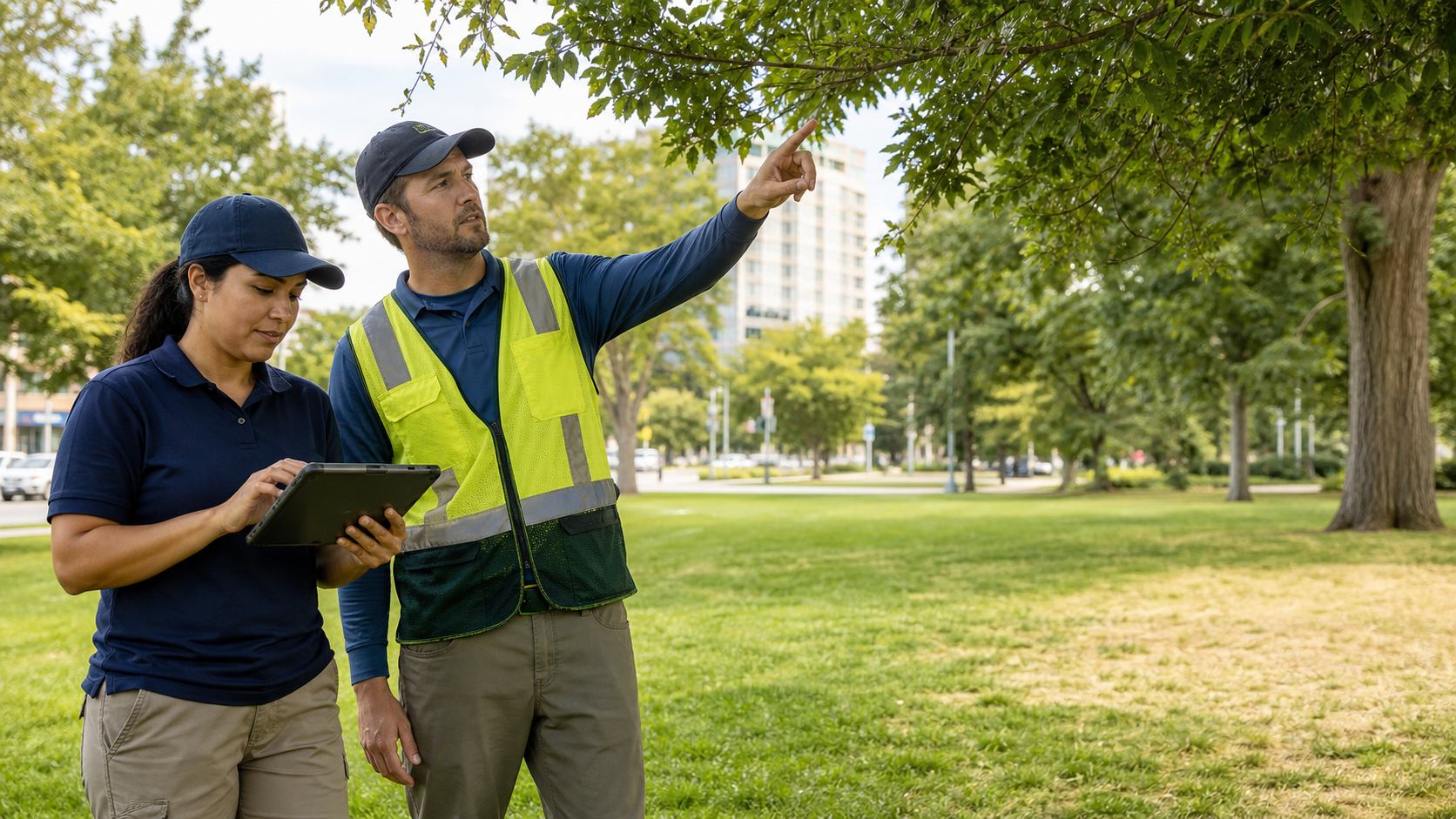 A parks and forestry team reviewing lawn and tree conditions.
