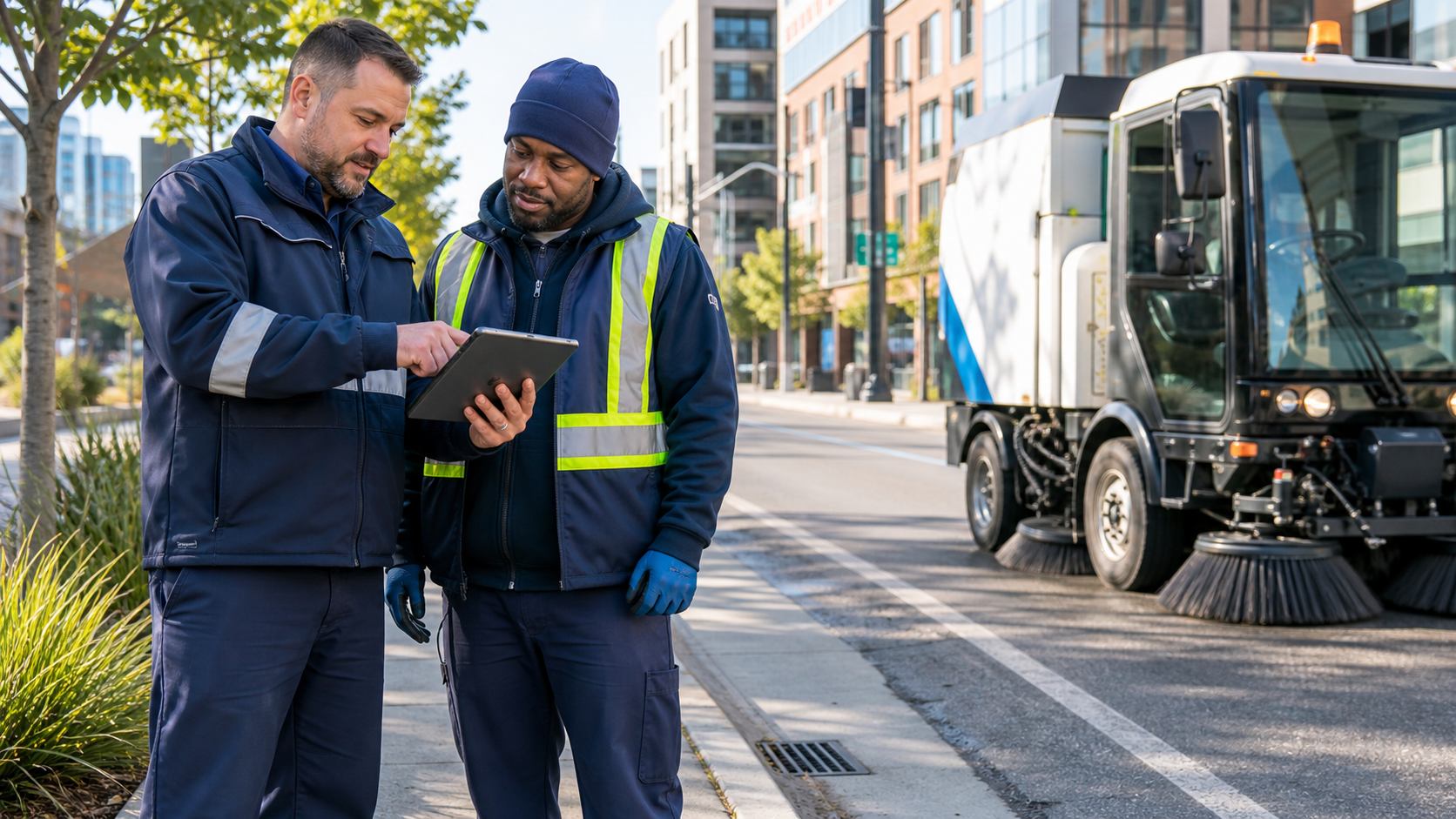 A public works crew reviewing street cleanliness before a cleanup route.